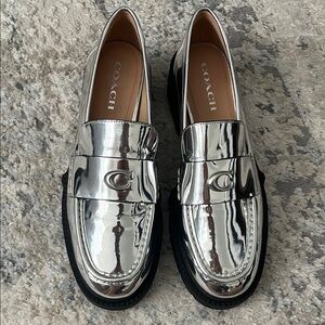 Coach Metallic Silver Penny Loafers Size 11 NEW